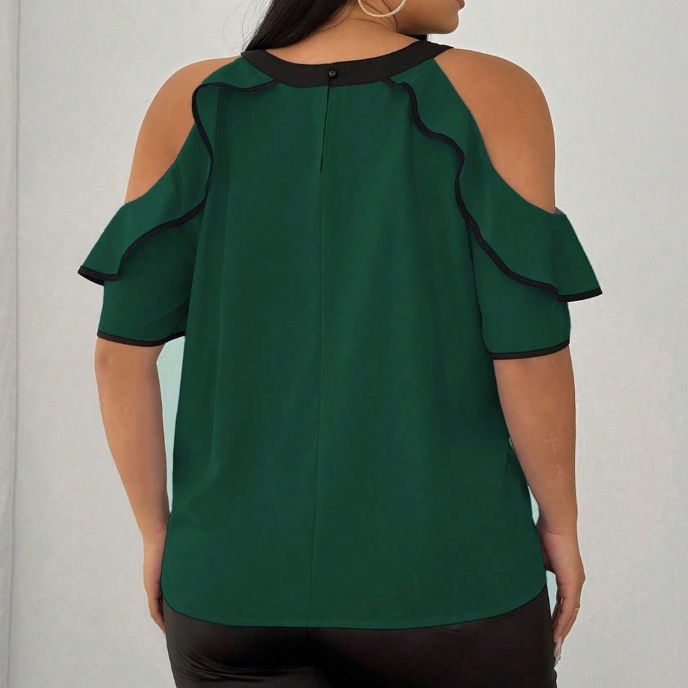 Plus Color Block Cold Shoulder Ruffle Detail Short Sleeve Blouse - Picture 9 of 11